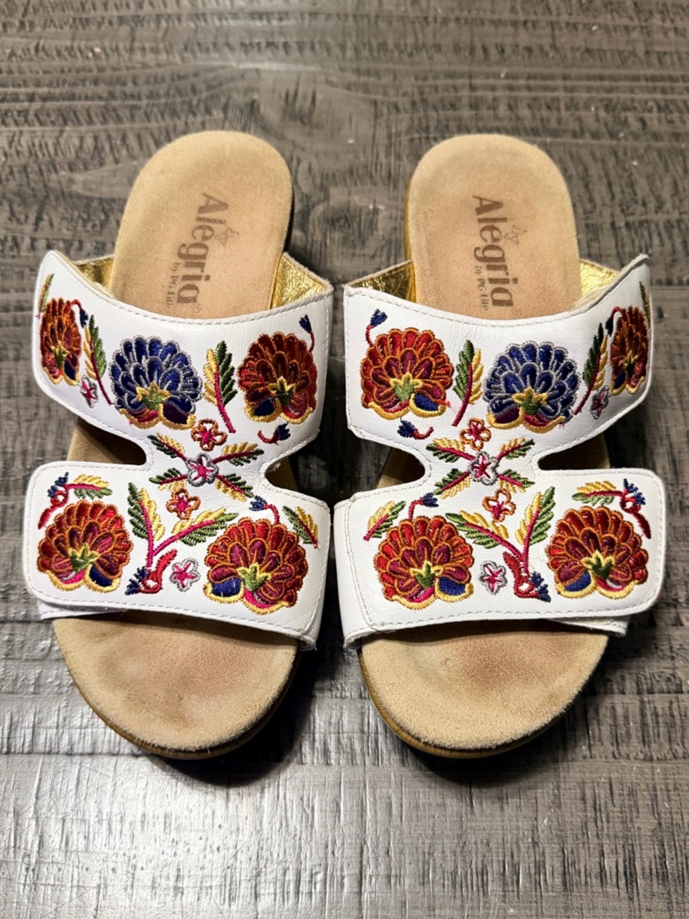 Alegria White Slide Sandals with Multicolor Floral Embroidery